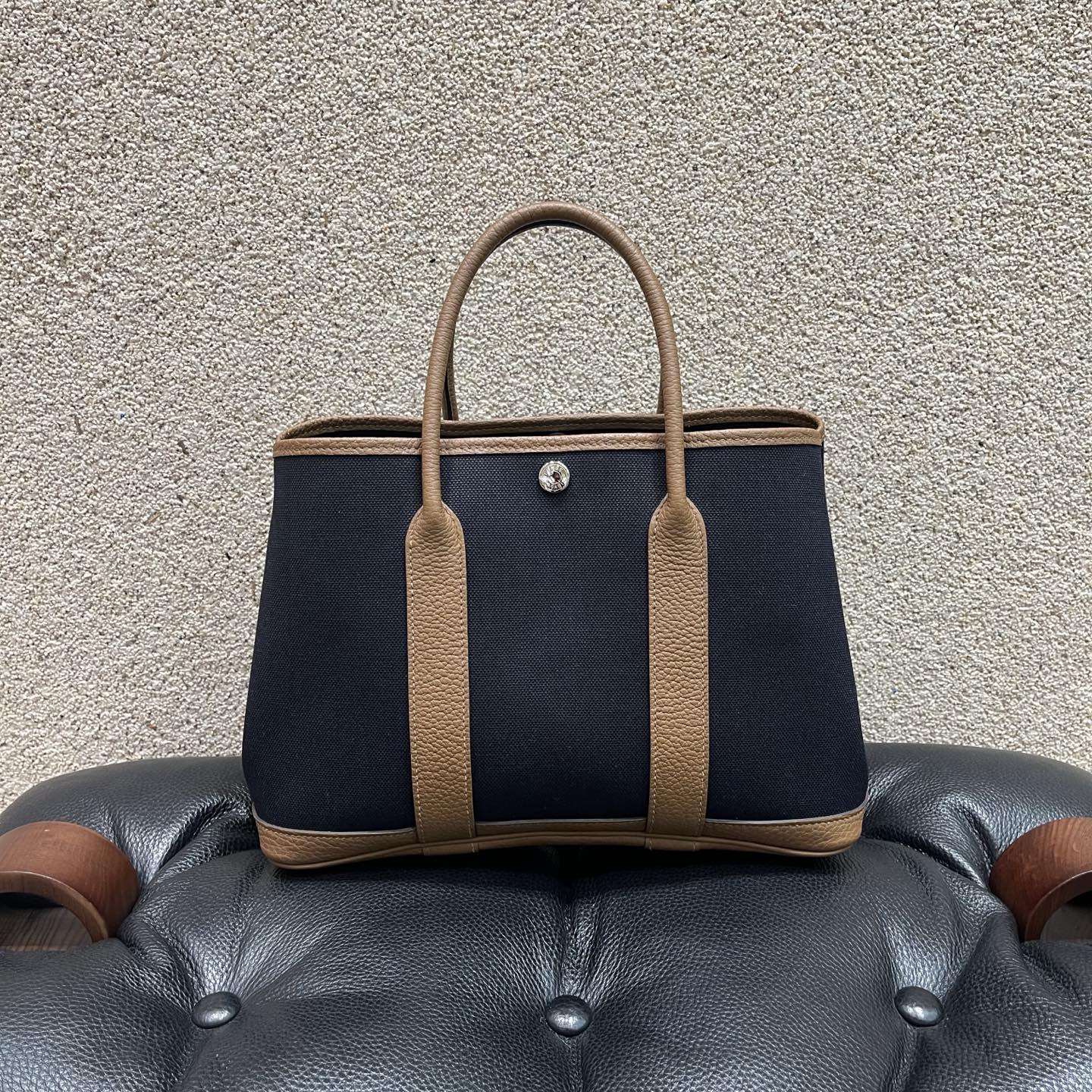 99新 Hermes/爱马仕 Garden party花园30 黑色拼栗子色银扣 Z刻！