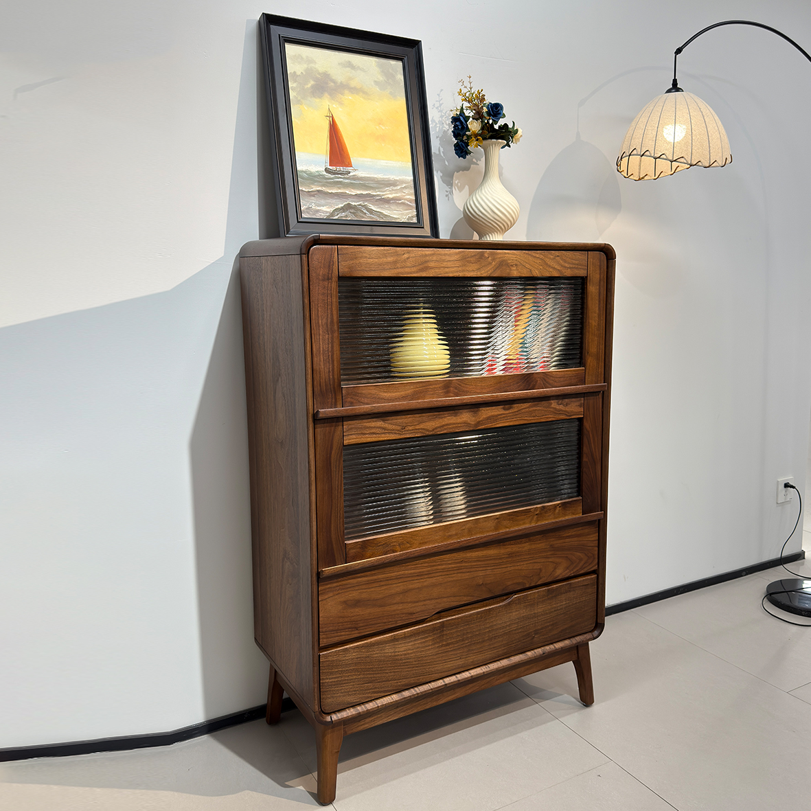 辰物家北美黑胡桃实木80*40*120斗柜客厅储物柜沙发立柜靠墙书柜