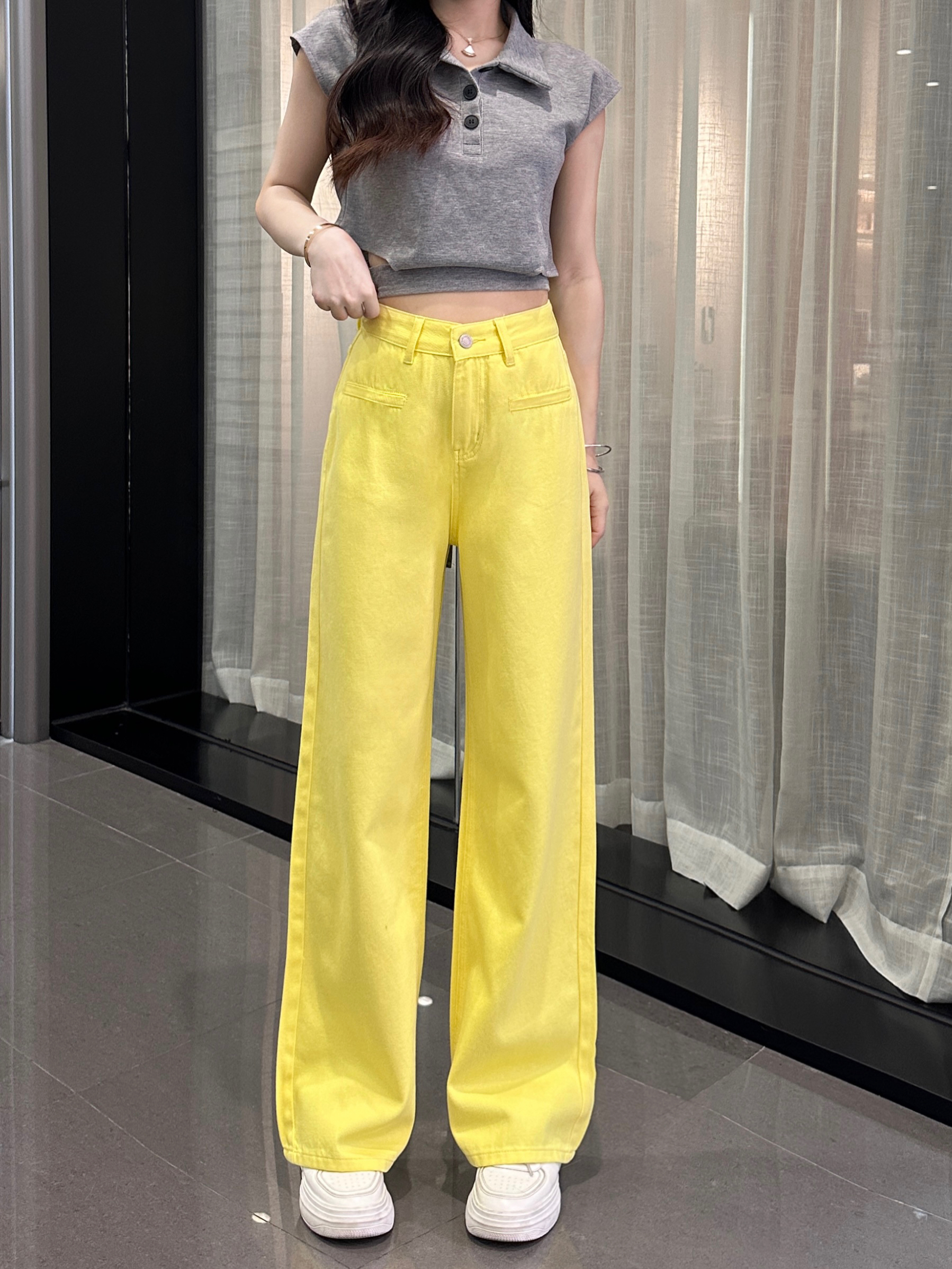 【三防科技】荧光黄气质宽松百搭窄版阔腿直筒牛仔裤女2025年新款