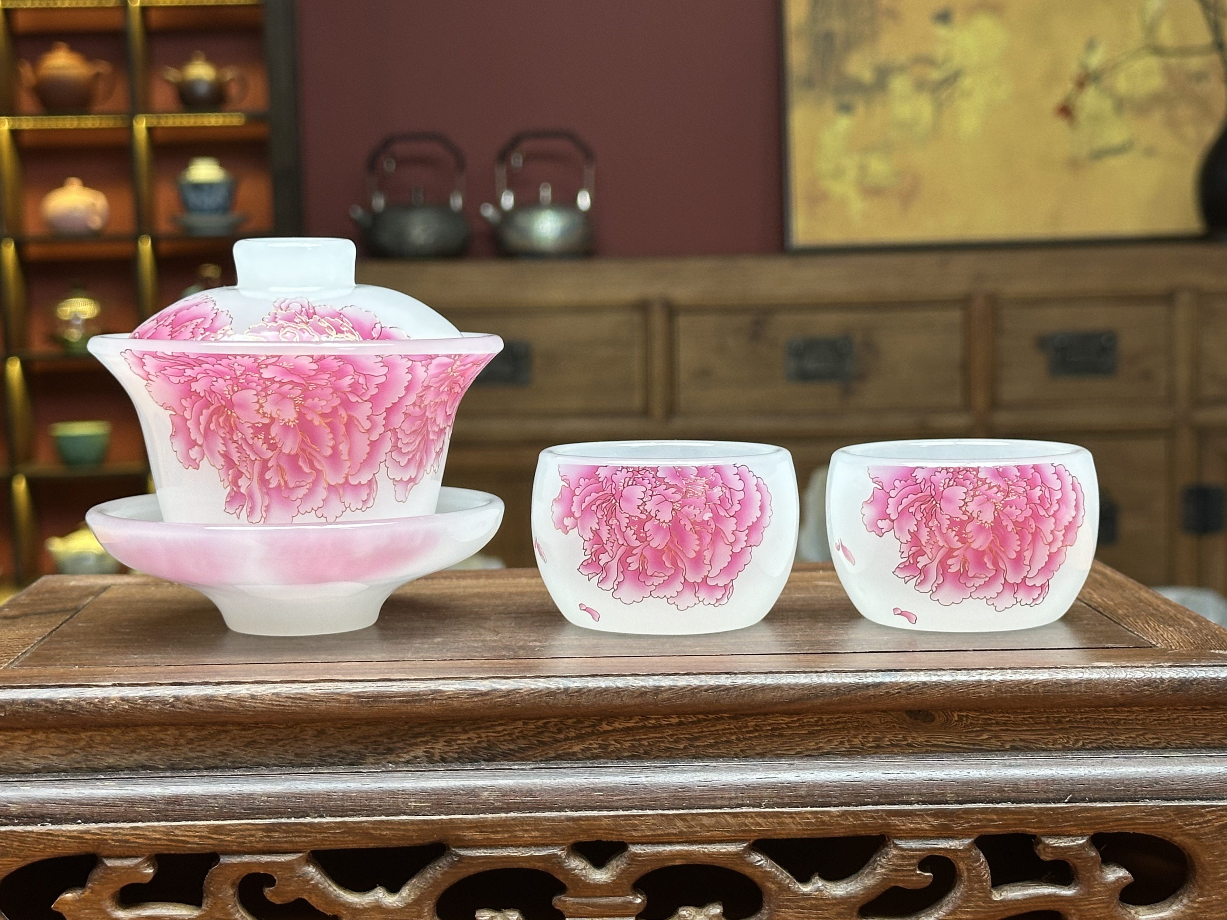 ZH2532粉色牡丹琉璃一盖碗二杯