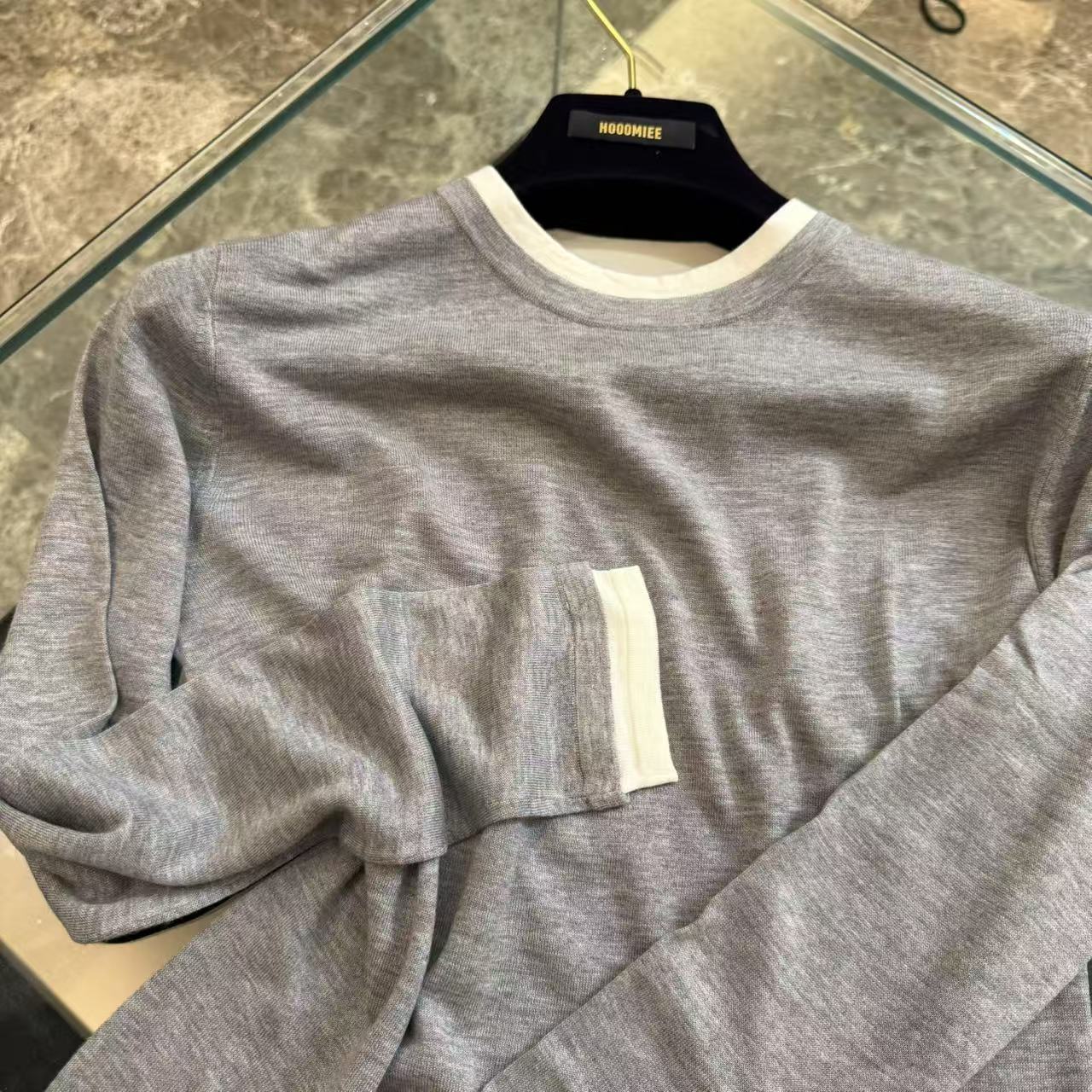 Hooomiee美式拼色圆领慵懒假两件减龄气质女士长袖上衣JS4050