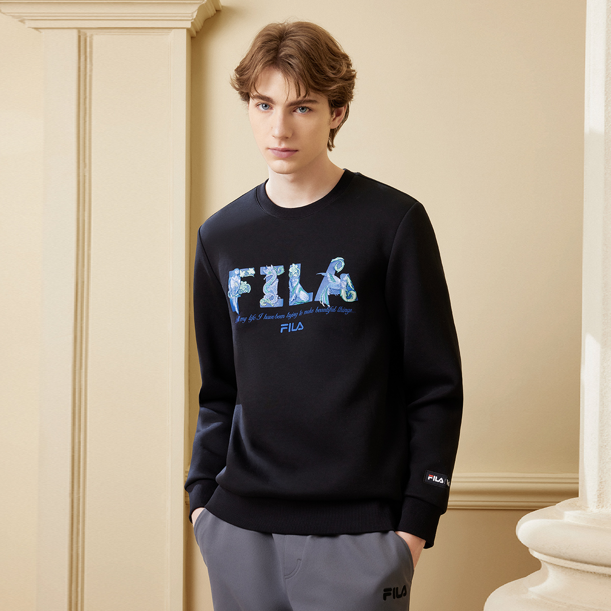 FILA斐乐男款联名情侣休闲舒适户外时尚字母印花长袖圆领套头卫衣