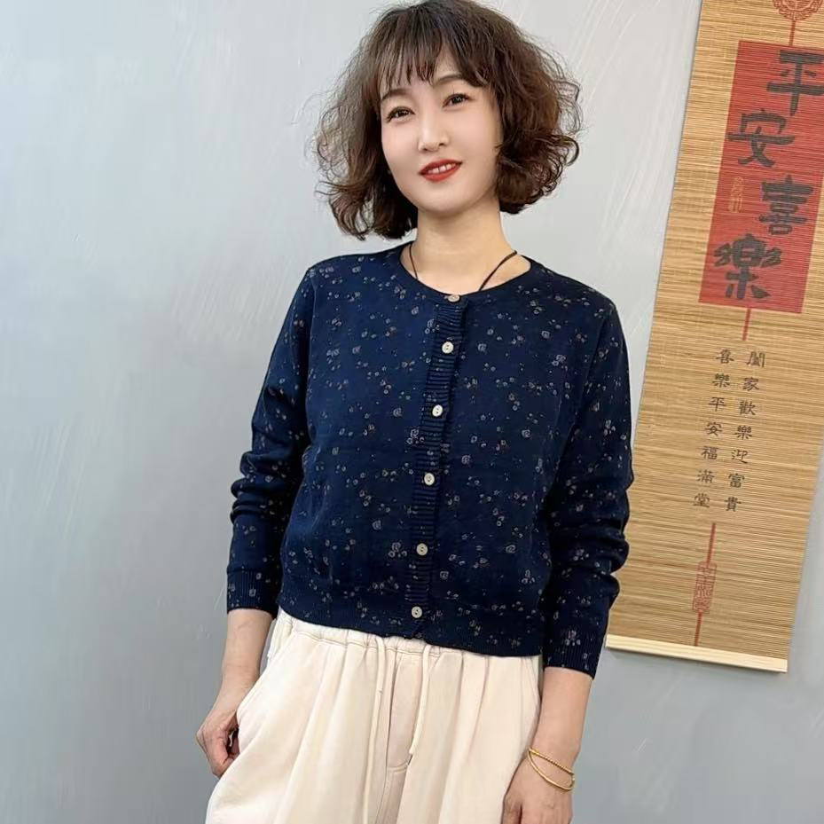 2025新款季针织衫开衫ins女时尚气质圆领碎花透气宽松长袖