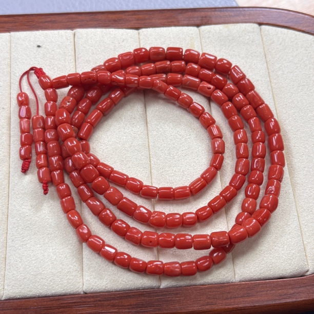 特价清货：沙丁珊瑚桶珠4-5.5mm长链多圈手链有虫眼瑕疵【国检证书】