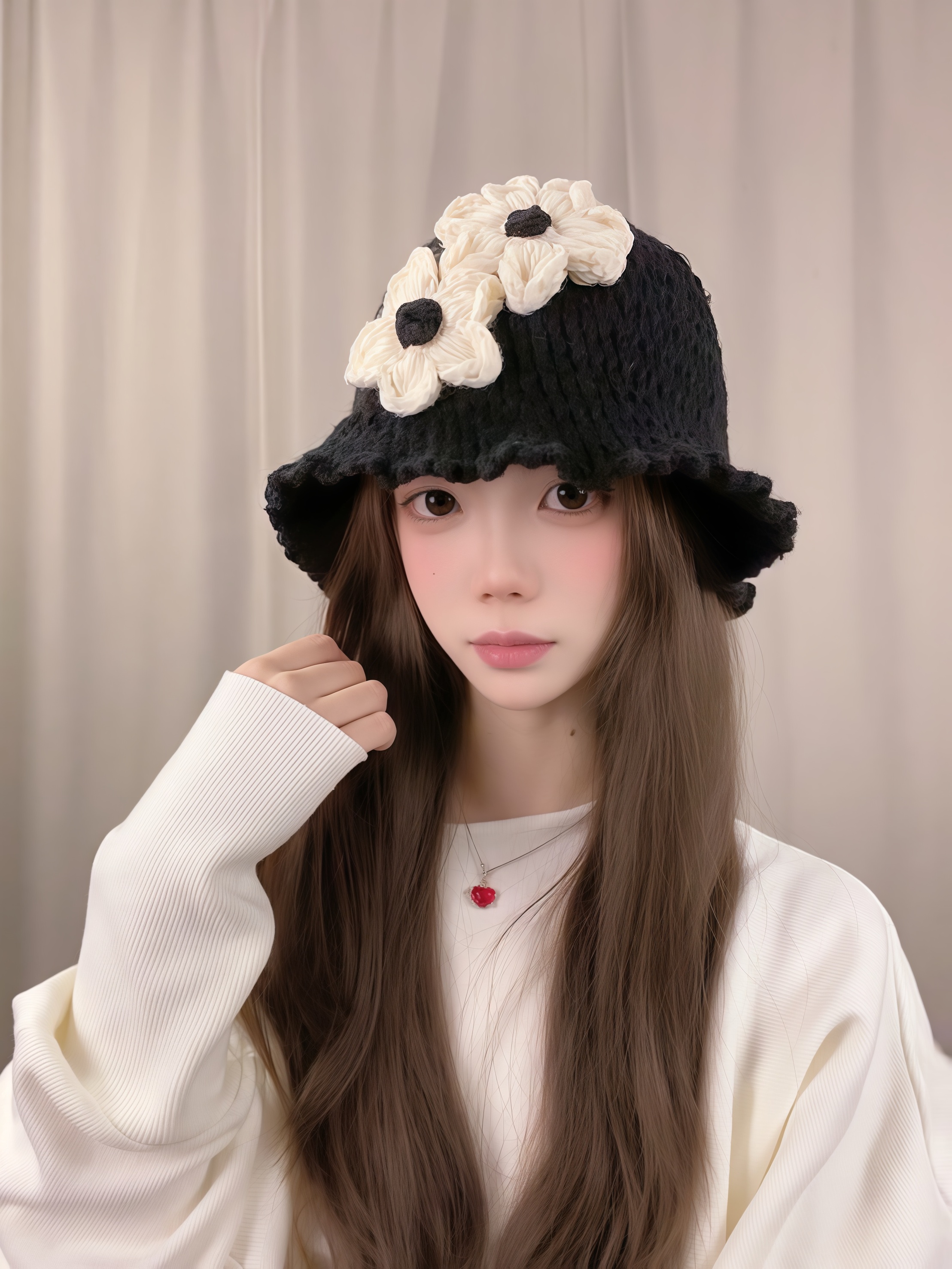 高级感立体花边手工针织花朵盆帽渔夫帽秋冬小众时尚百搭显脸小