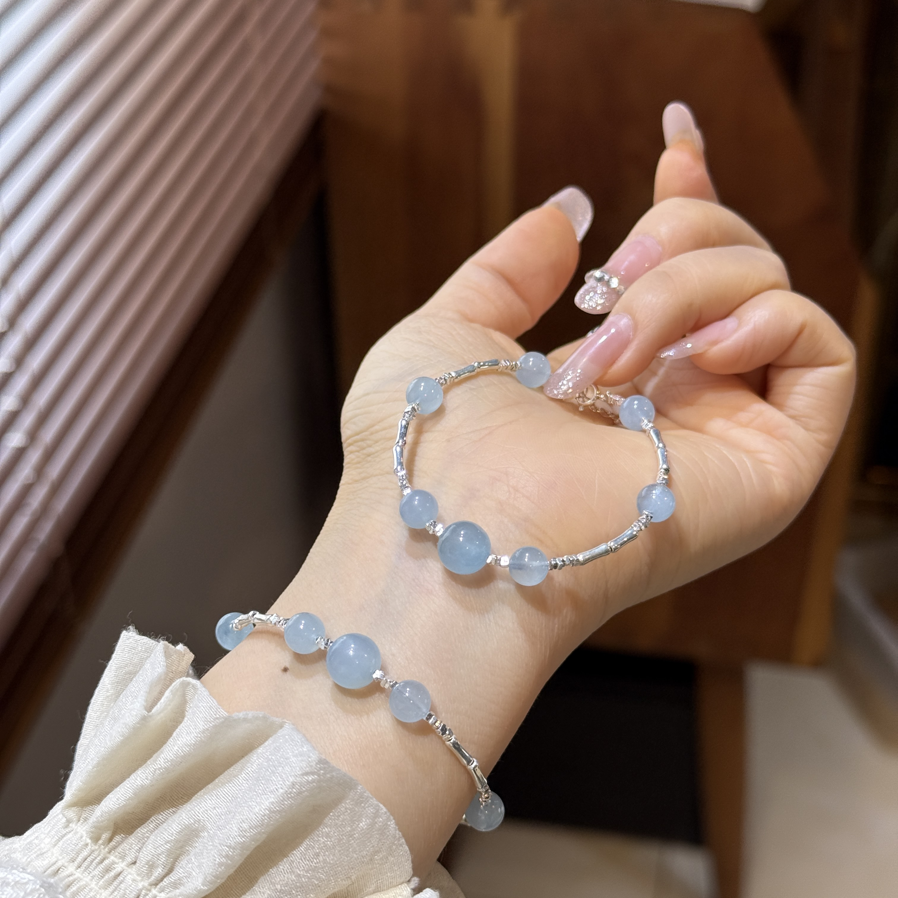 8495竹节海蓝宝银手链