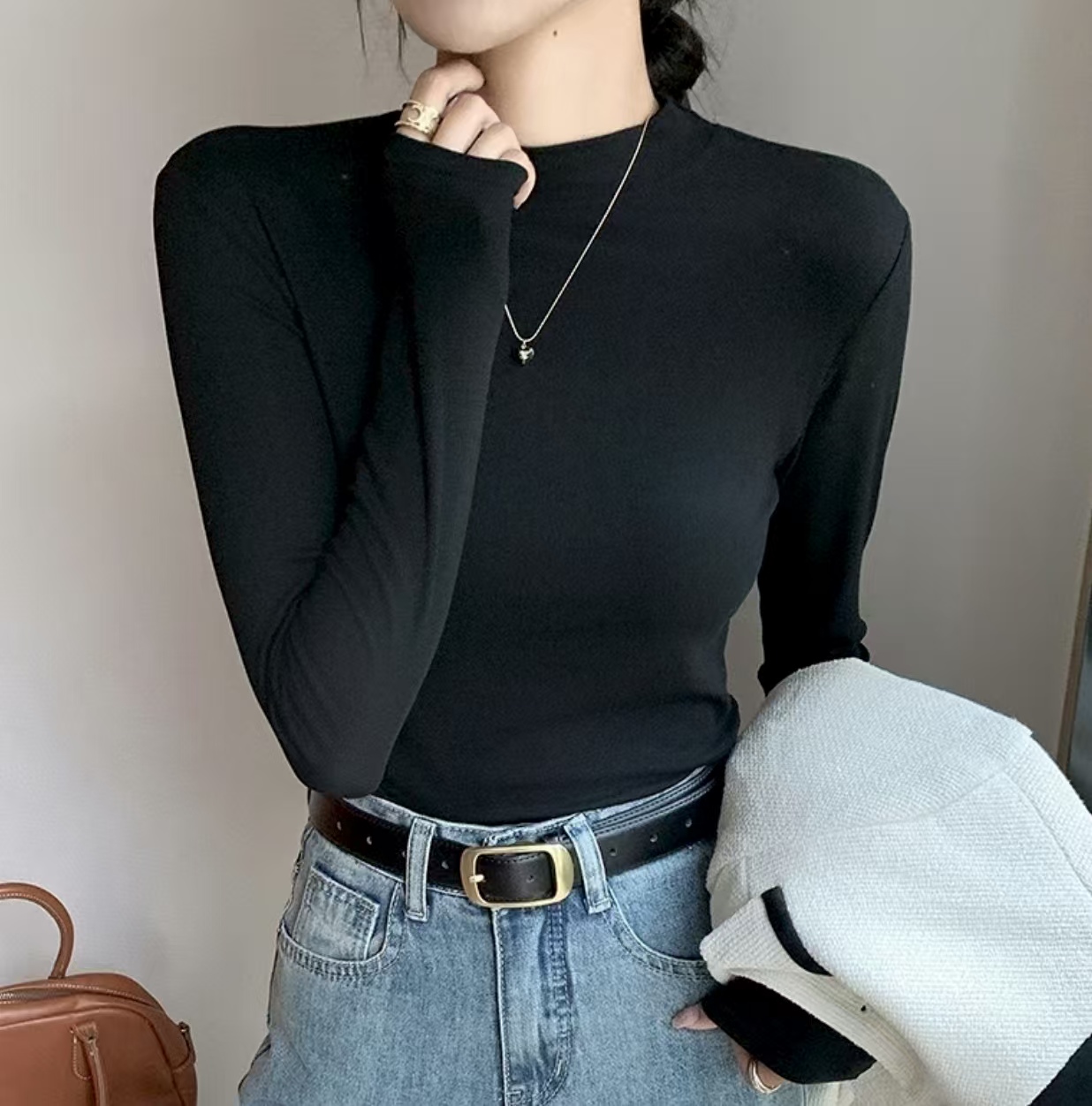 莫代尔半高领打底衫女春秋内搭长袖t恤弹力紧身中领修身上衣