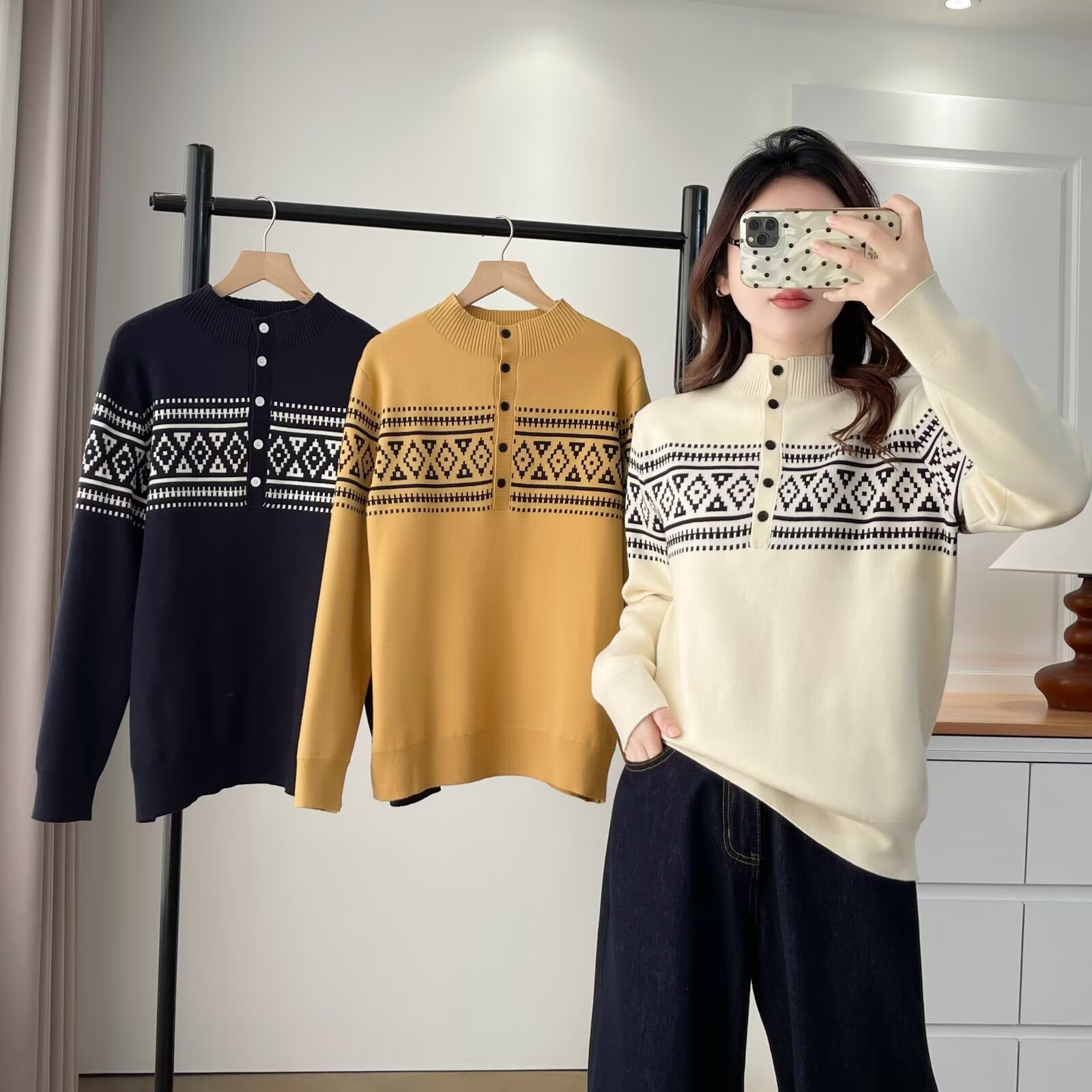 微胖大码女装洋气保暖半高领名族风秋冬新款提花宽松长袖针织衫