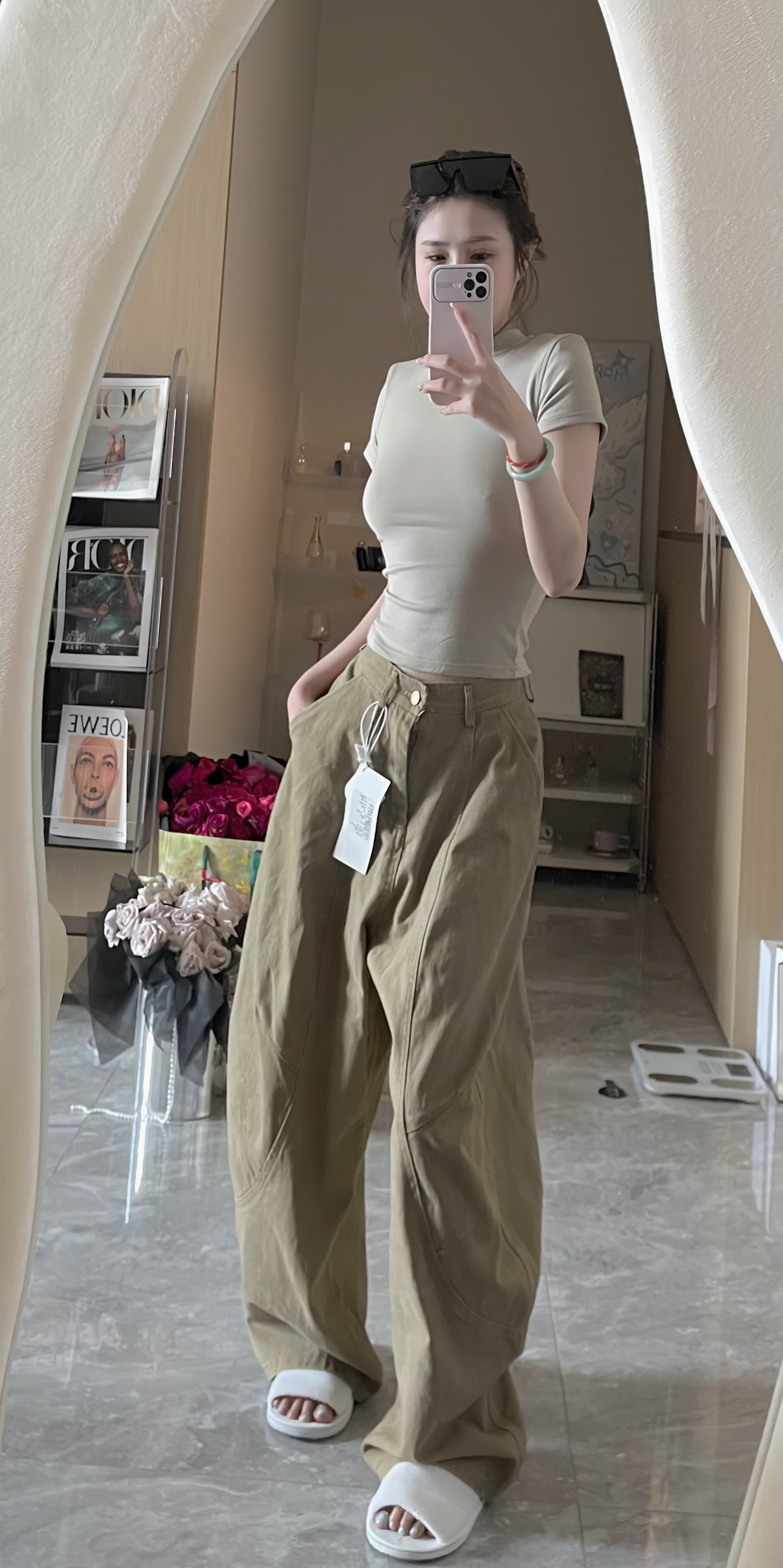 TANGYUAN美式复古简约廓形拖地弯刀裤女宽松休闲阔腿工装裤女