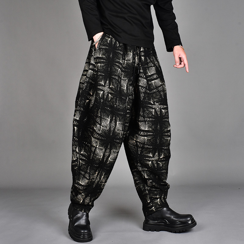 冬季厚料休闲裤男撞色拼接灯笼裤中老年宽松潮流大码哈伦小脚裤潮