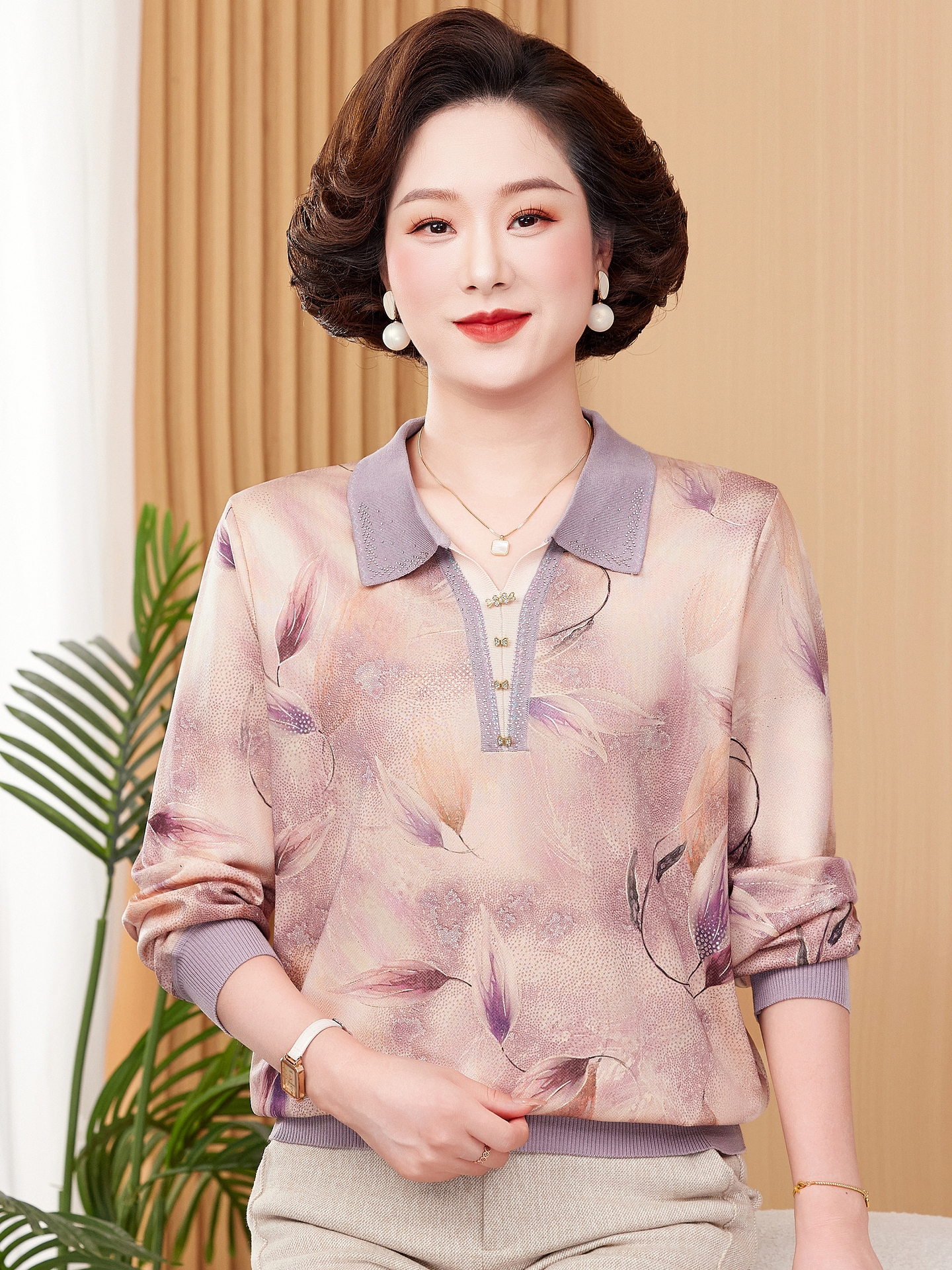 翻领薄款花色时尚长袖上衣中老年女装宽松秋装针织弹力气质小衫