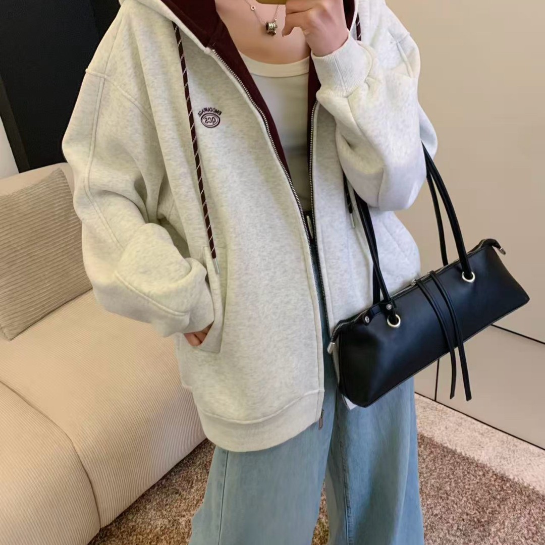 拉链女中长款慵懒风连帽卫衣加绒时尚休闲百搭宽松加厚冬季外套