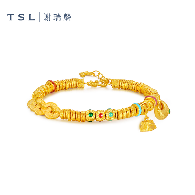 TSL/谢瑞麟计价足金古法五帝币珐琅胖福盘缠手链送女友老婆礼物