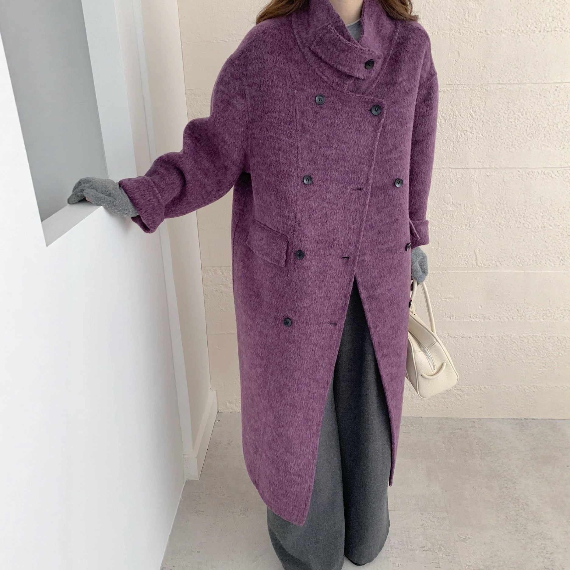 立领双排扣阔版长款2025秋冬新款双面羊毛大衣女加厚保暖毛呢外套