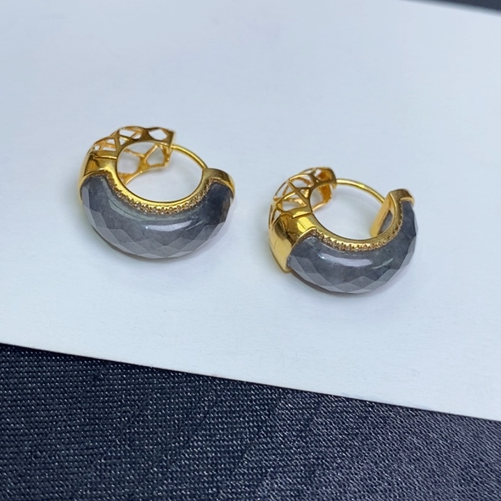 翡翠18K金镶嵌耳饰冰乌鸡切割面圈圈