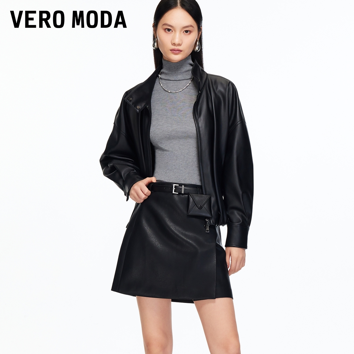 Vero Moda半身裙2025冬季新款含腰带腰包PU短裙时髦摩登325416019