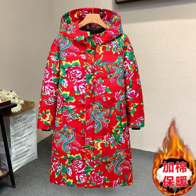 长款连帽东北大花棉衣外套保暖防寒中国风民族风棉服