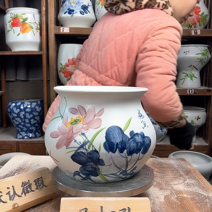 摆件钱袋子荷花鸟新款陶瓷陶瓷