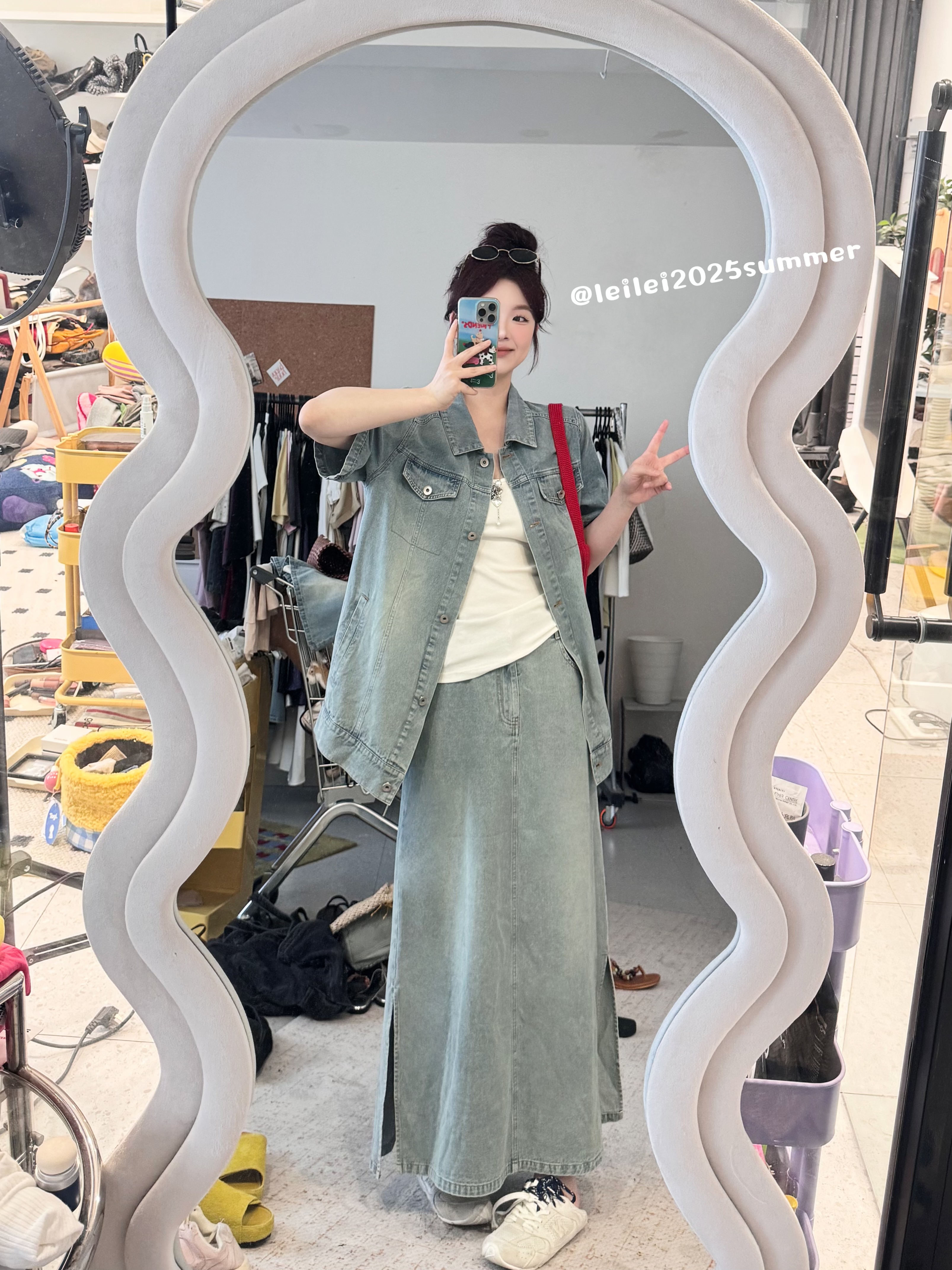 【牛仔腔调！】复古牛仔翻领上衣+高腰A字长短版牛仔半身裙