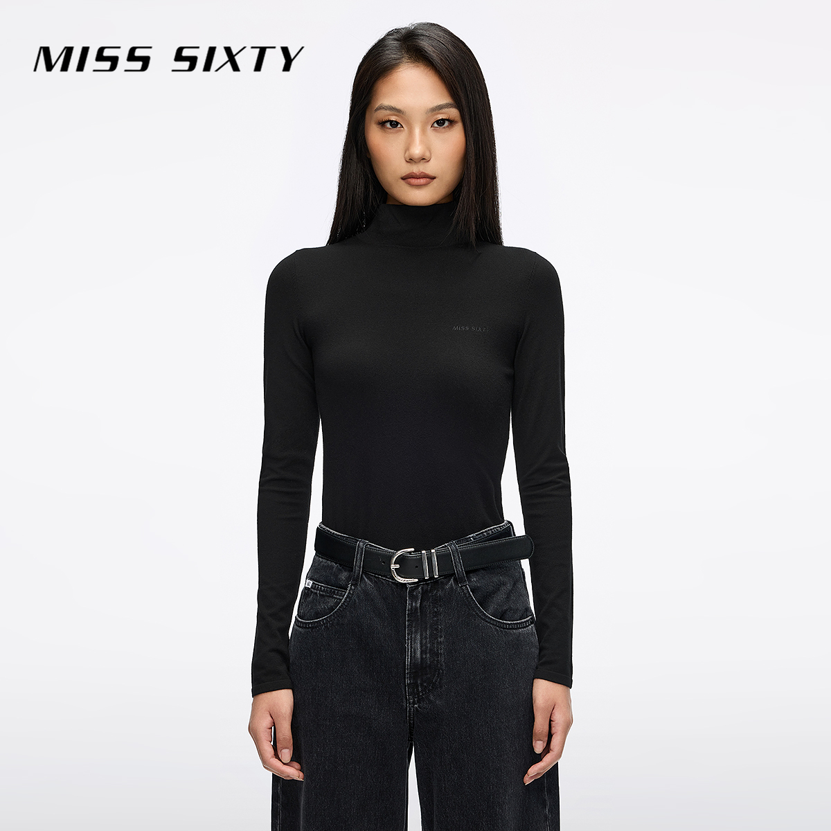 Miss Sixty2025秋季新款针织衫女高领紧身弹力长袖简约刺绣上衣
