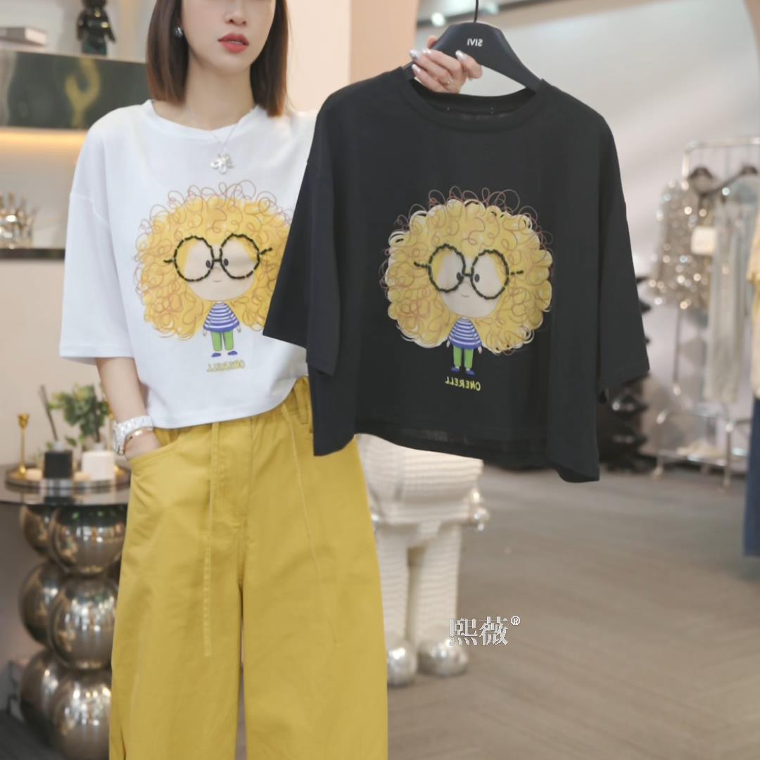 熙薇短袖夏季新款时尚休闲百搭气质卷发娃娃卡通印花T恤上衣L4696