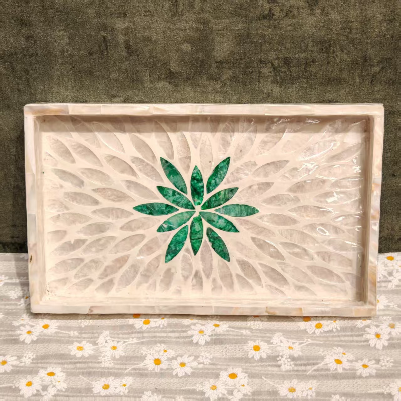 H越南手工艺25*15*3绿心全贝壳盘桌面梳妆台饰品化妆品收纳盘