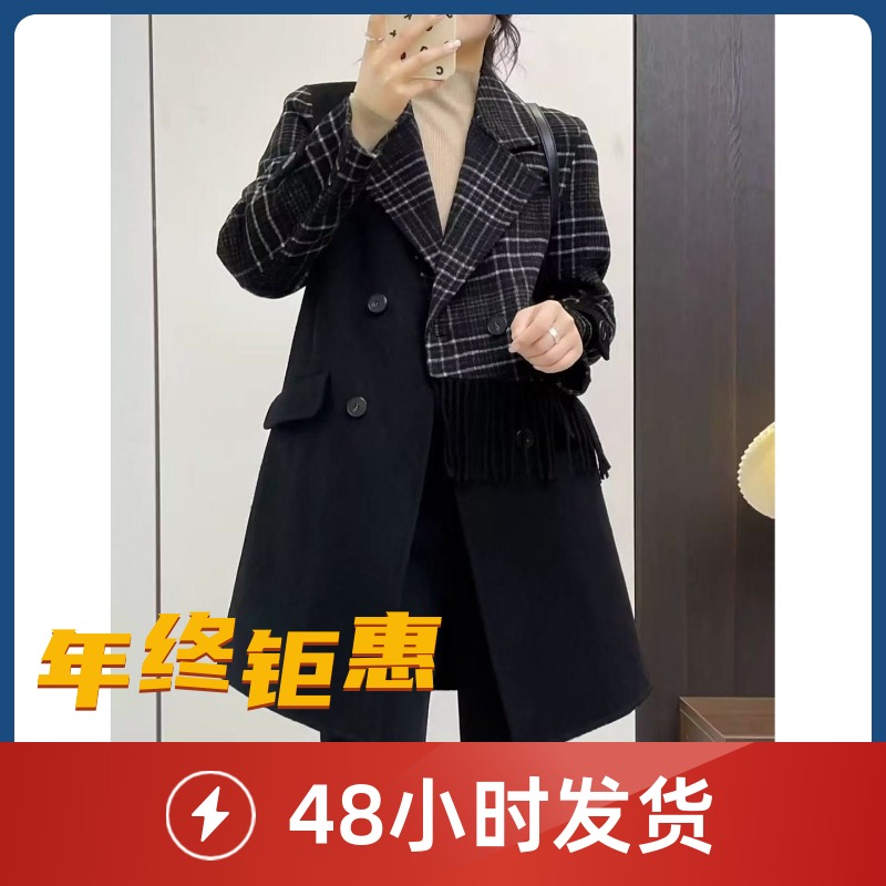 中长款秋冬气质西装外套时尚格子流苏黑色新款洋气D25120708