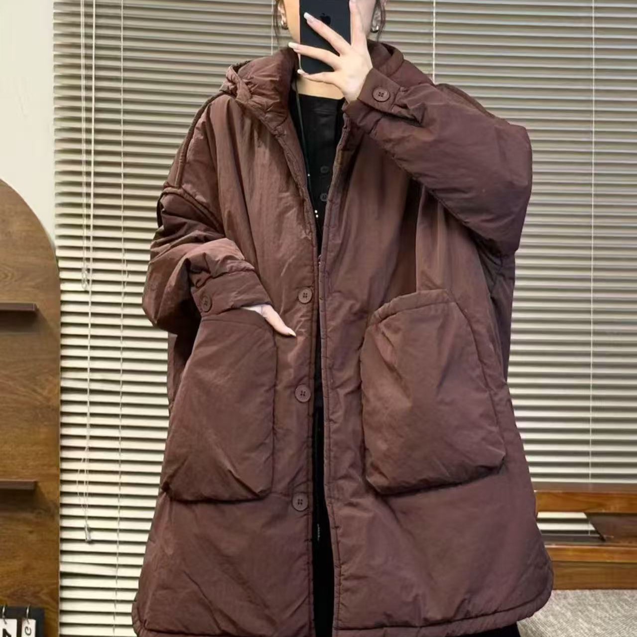360冬季新款休闲简约连帽大口袋宽松中长款棉服外套女
