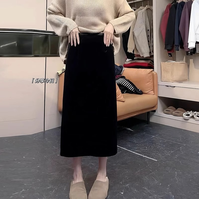 大码丝绒半身裙子半裙女秋冬加厚胖妹妹高腰显瘦中长款开叉A字裙