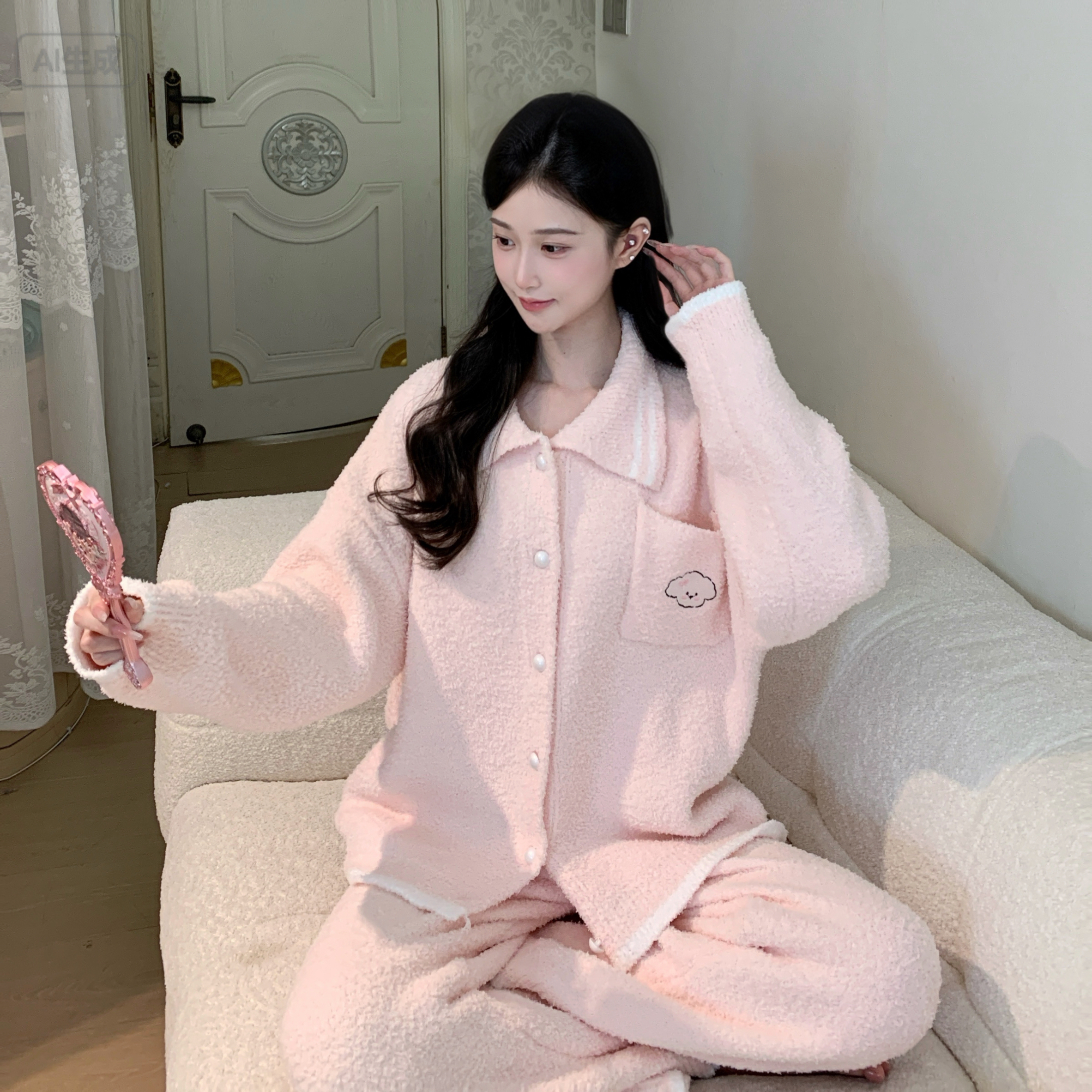 西米【多米贝贝】半边绒厚绒家居服睡衣女可爱甜美显瘦可外穿