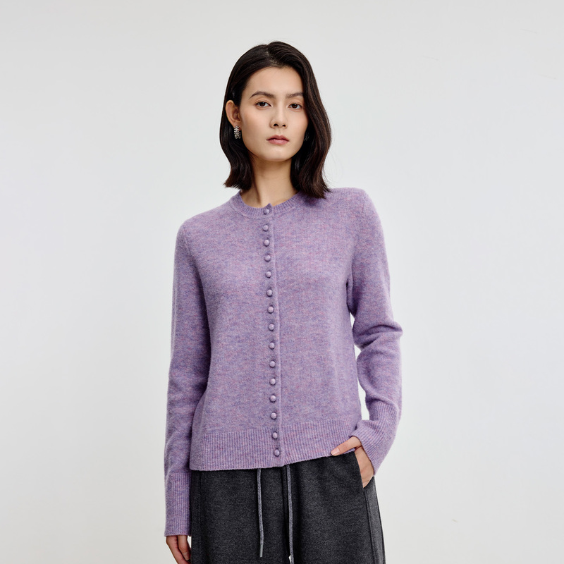 寺山文也 纤凝/羊毛混色圈圈肌理感修身圆领针织衫短款开衫女秋冬