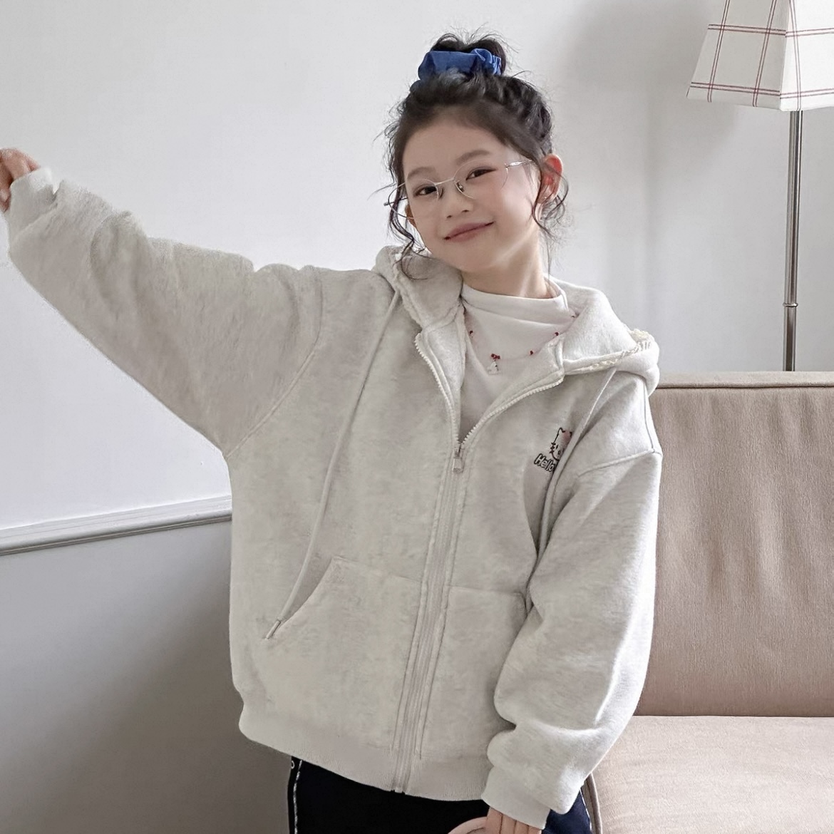 秋冬新款大童加厚加绒连帽开衫卫衣外套甜鑫蕾丝猫