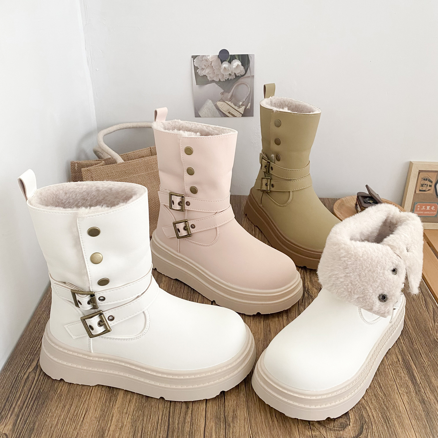 希玥厚底两穿加绒棉鞋女2025冬季百搭韩系爆款皮面加厚保暖雪地靴