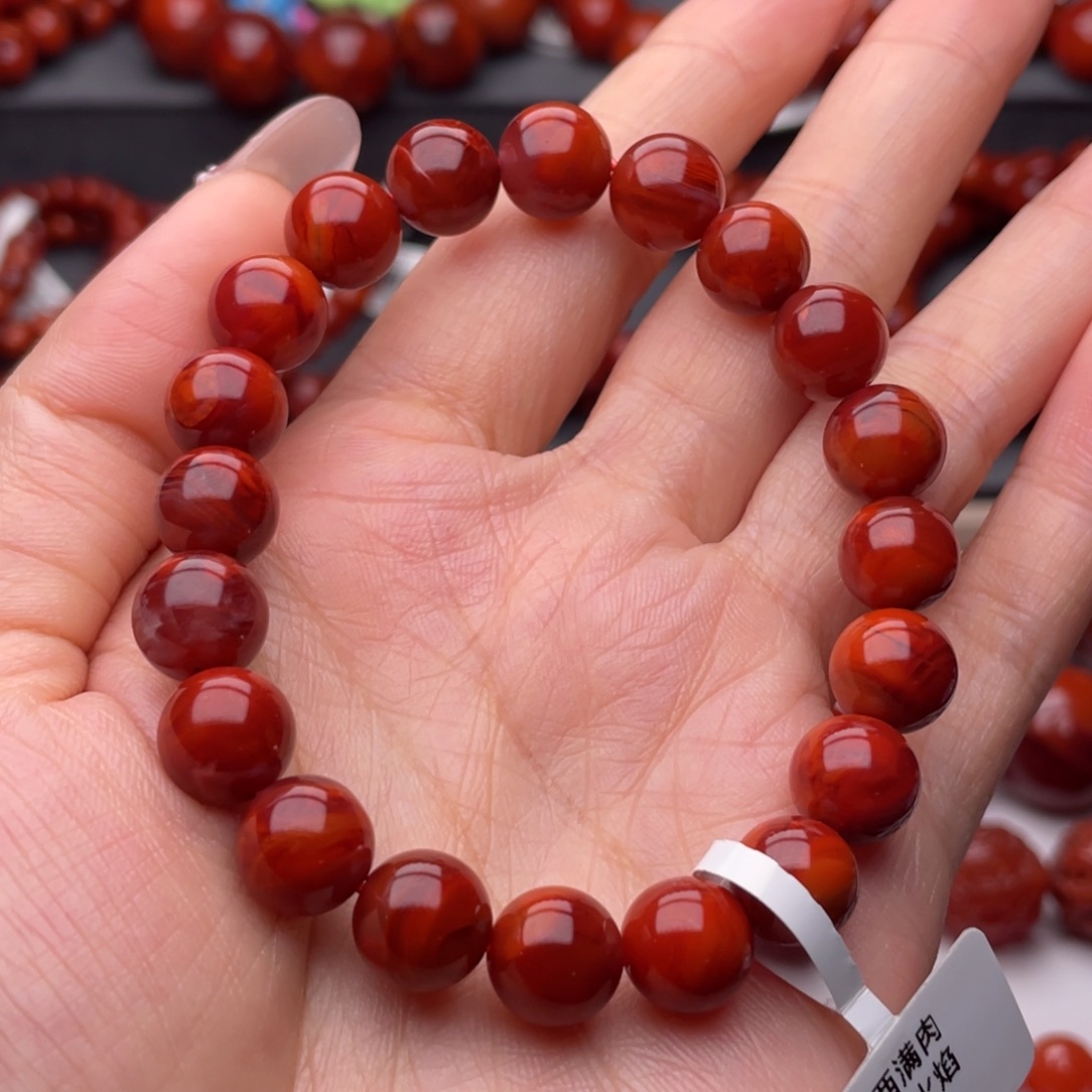 阳****南红玛瑙未镶嵌手链9.8mm顶品瓦西牛血火焰手串