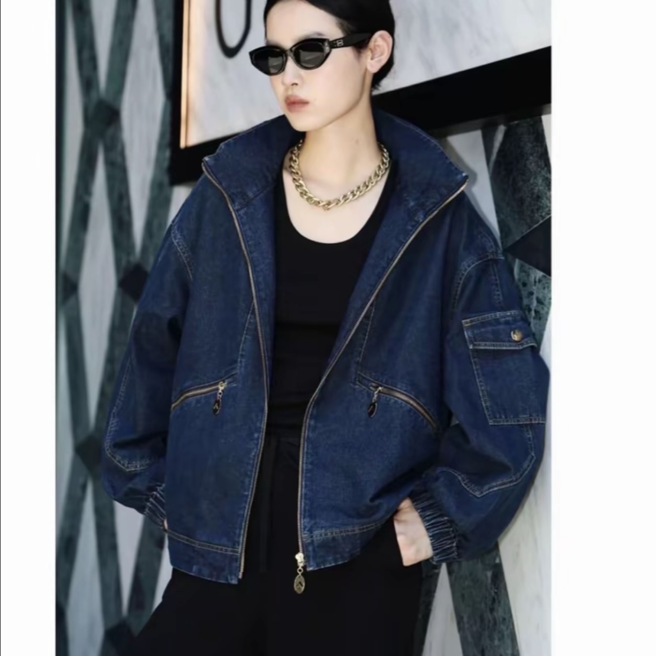 AMASS阿玛施新款痞帅炸街风时尚菱格连帽纯棉宽松牛仔外套540030