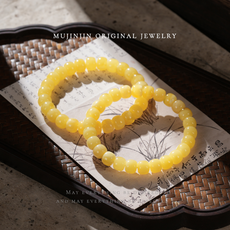 【木槿槿 黄金万两】天然白花蜜蜡手串情侣款手链QS2982多样性发一