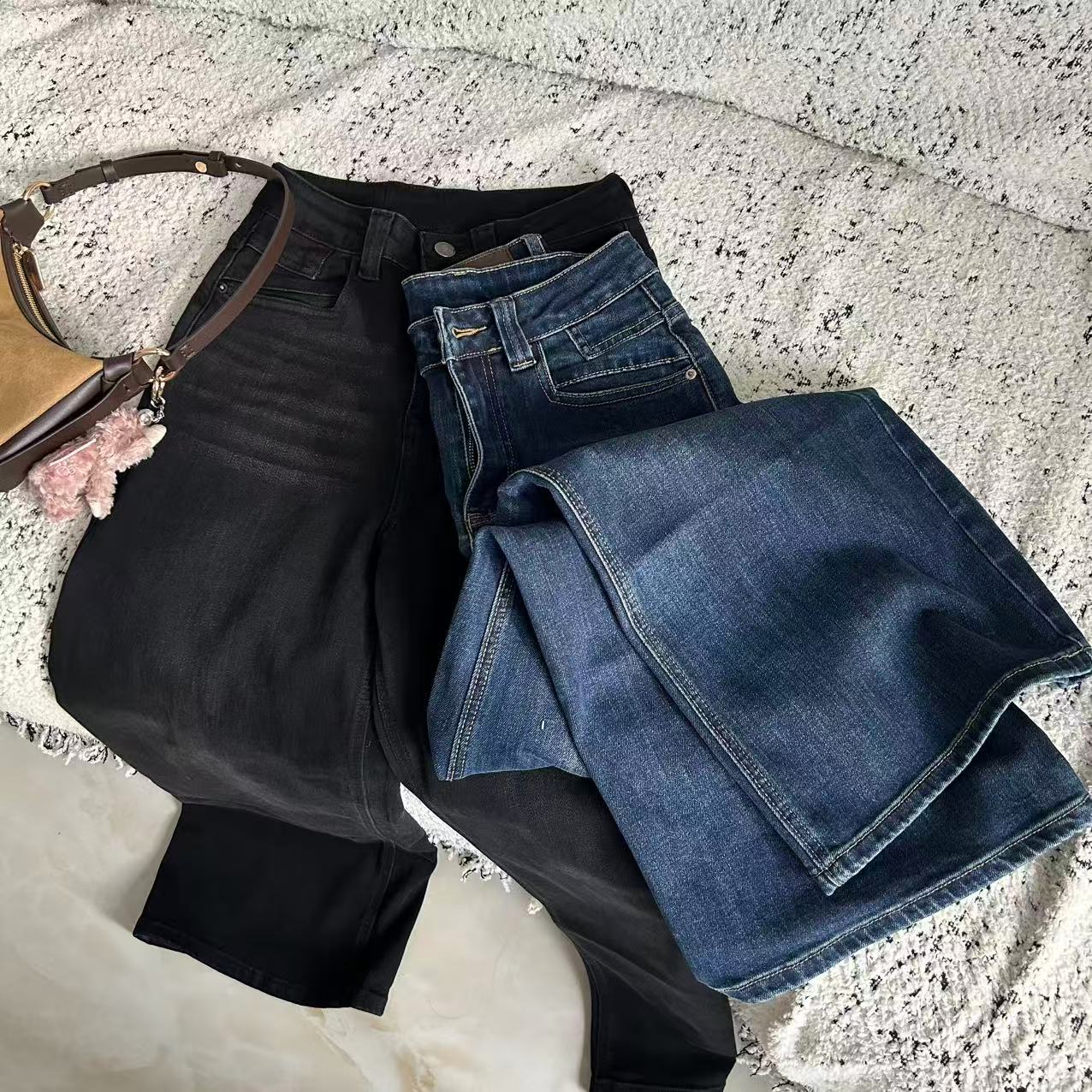 【小小】韩系宽松牛仔阔腿直通裤显瘦秋季高腰牛仔裤