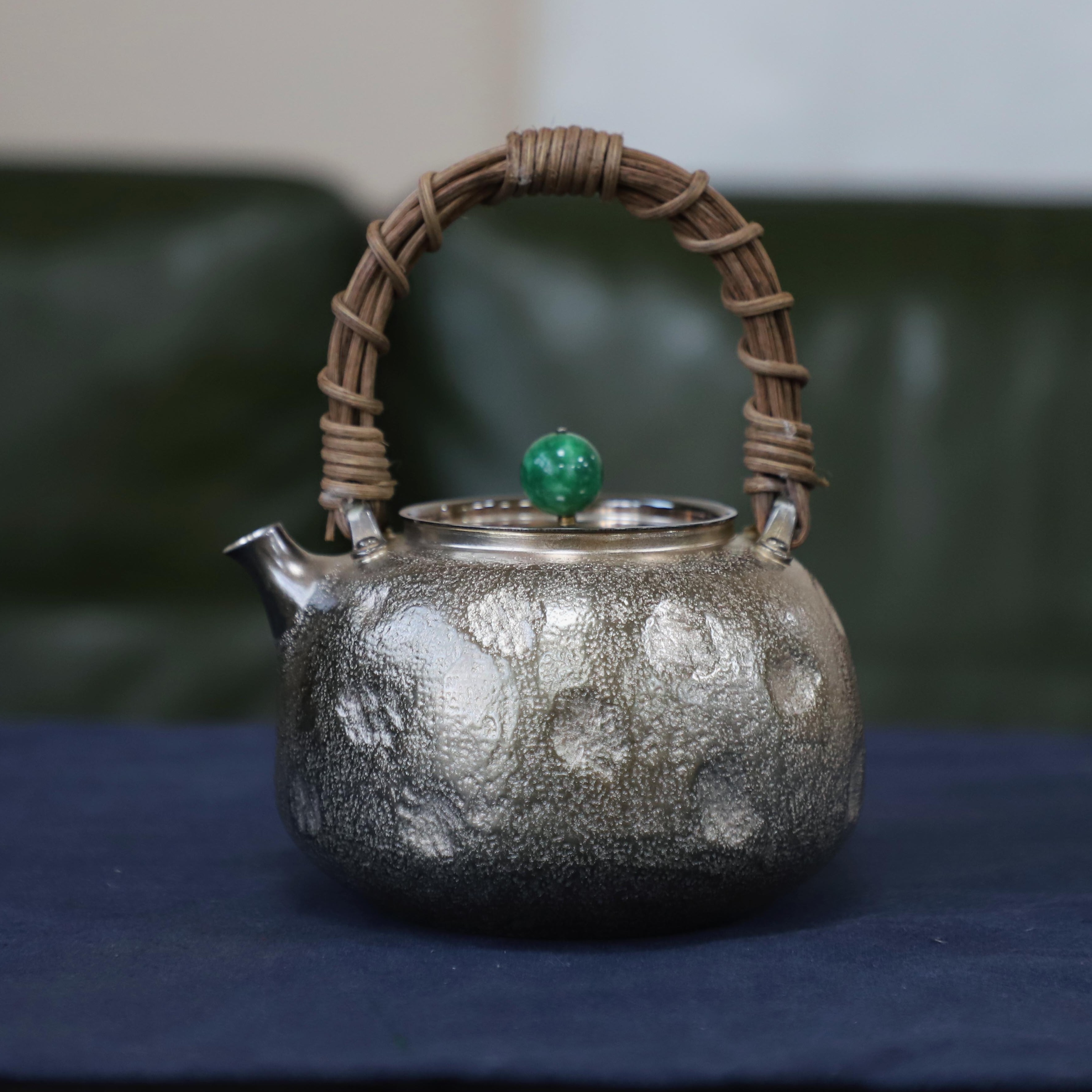 璞圣堂|极简系列 藤把宝珠石纹银壶 复古999银器 手工捶打煮水壶