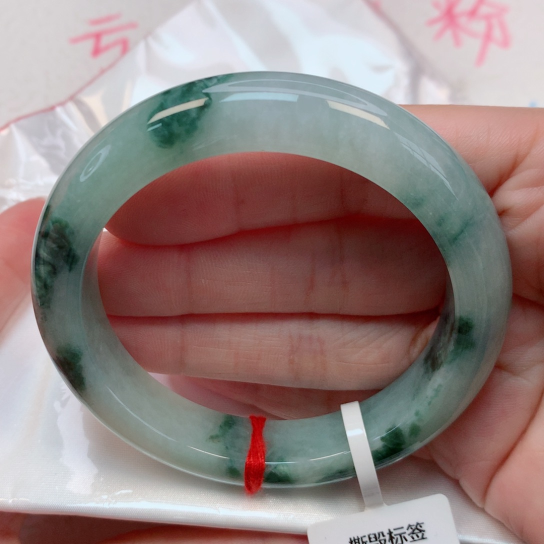 翡翠未镶嵌手镯56.9圈 冰飘海藻绿花 有纹
