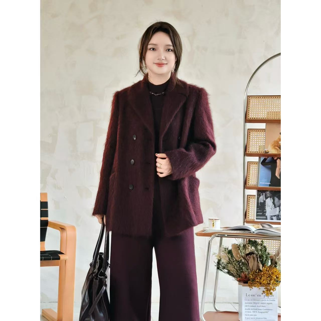 【佩岑同款-纯牦牛拉绒大衣】雅舒曼双排扣设计西装领大衣8S00D0038