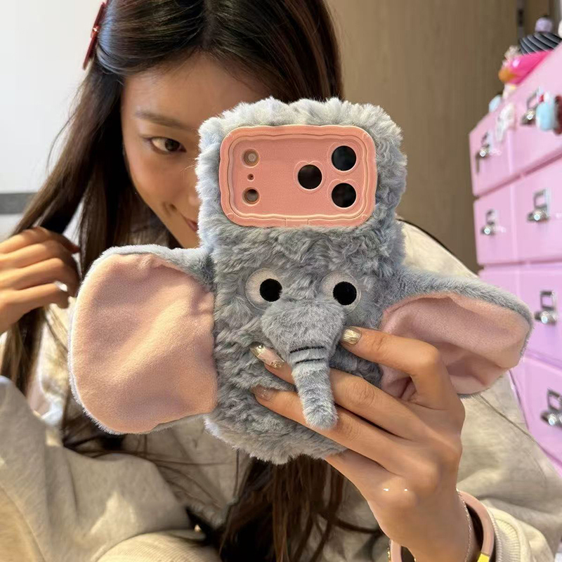 秋冬搞怪大象适用iphone17promax苹果16P毛绒手机壳15P华为14女13
