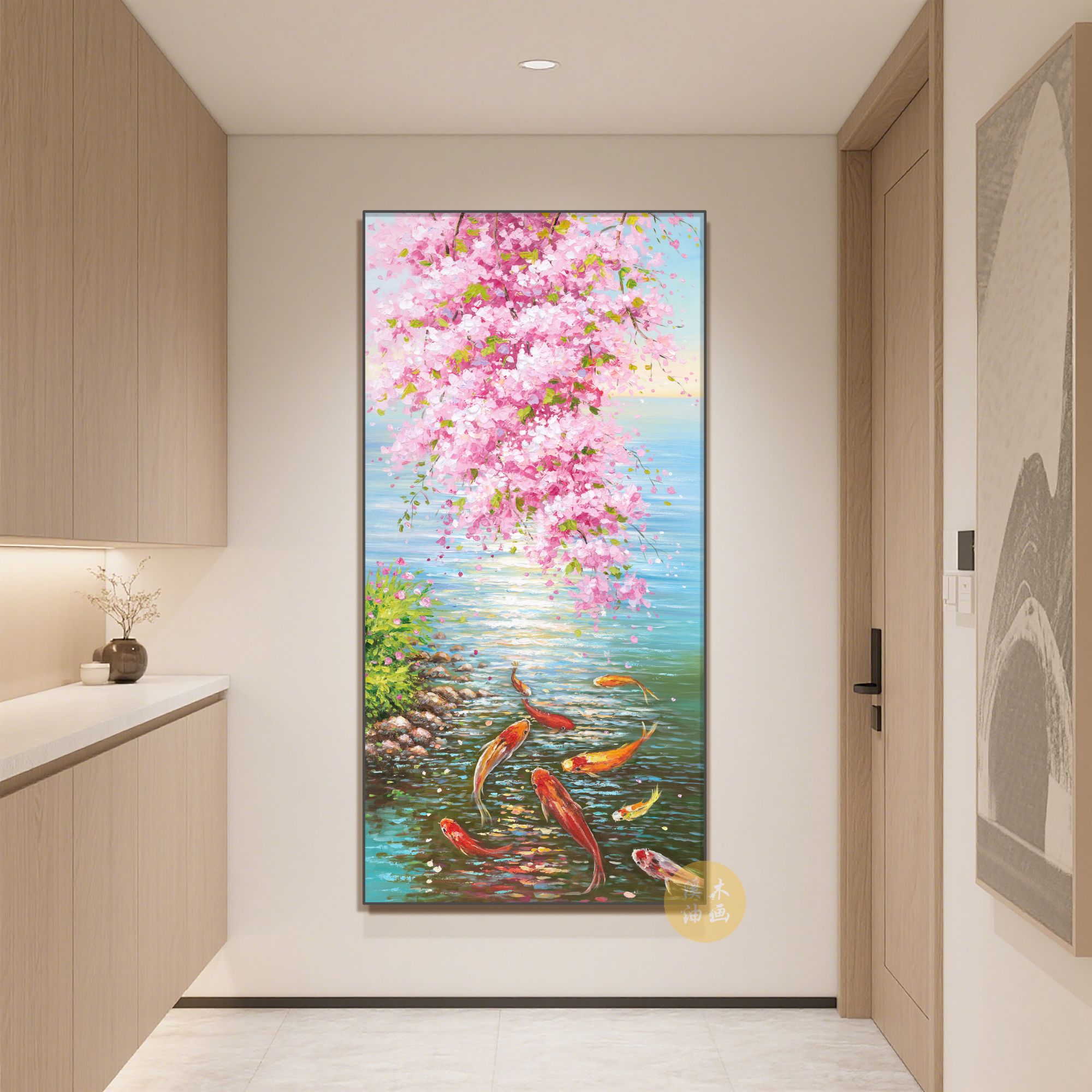 樱花九鱼 手工画玄关装饰画客厅沙发背景墙奶油风立体画
