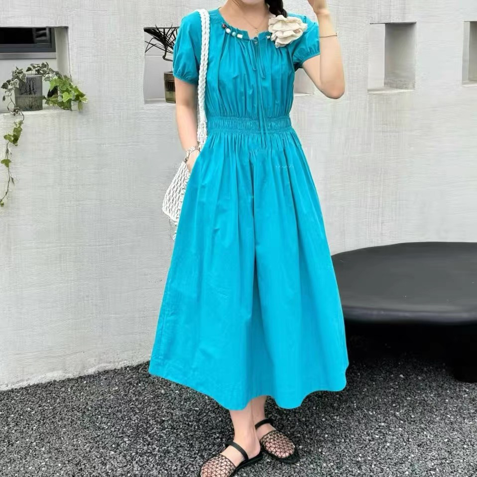 气质女装圆领显瘦连衣裙夏季收腰系带休闲泡泡袖套头长裙