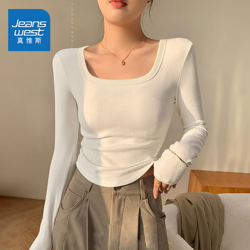 真维斯白色方领抽褶打底衫女2025新款秋季小个子收腰内搭显瘦上衣