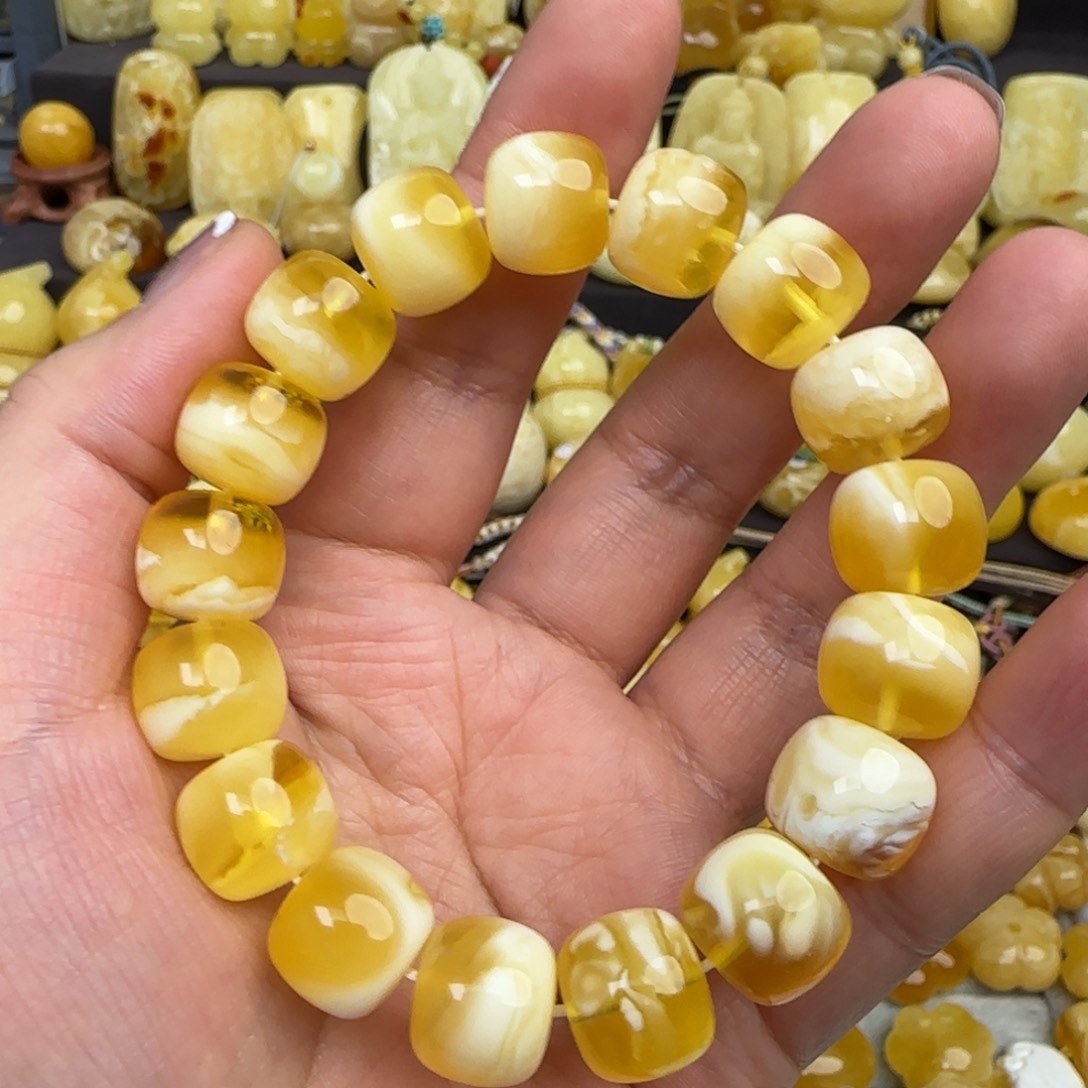 蜜蜡手串未镶嵌天然俄料金瓷白妖花蜜蜡手串