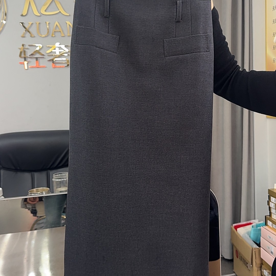 【领秀】气质显瘦直筒开叉半身裙女秋冬新款时尚百搭