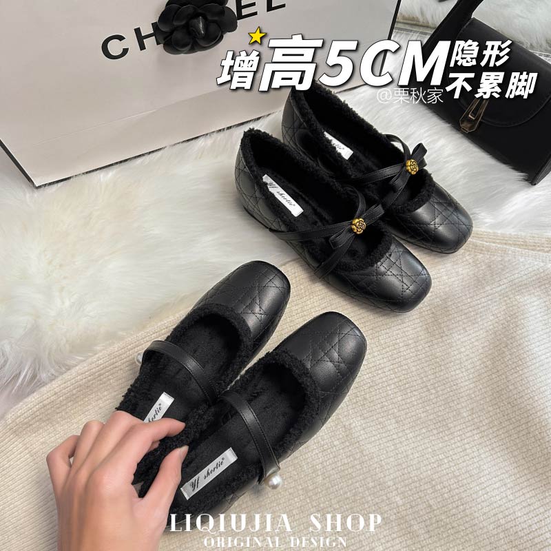 增高5CM蝴蝶结金属山茶花毛毛鞋女2025新款小香风珍珠菱格纹单鞋