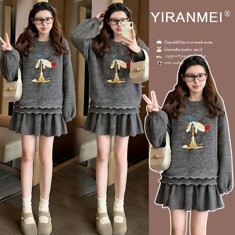 2026冬新款时尚圣诞跨年网红图案元旦上衣+打底孕妇套装小个子