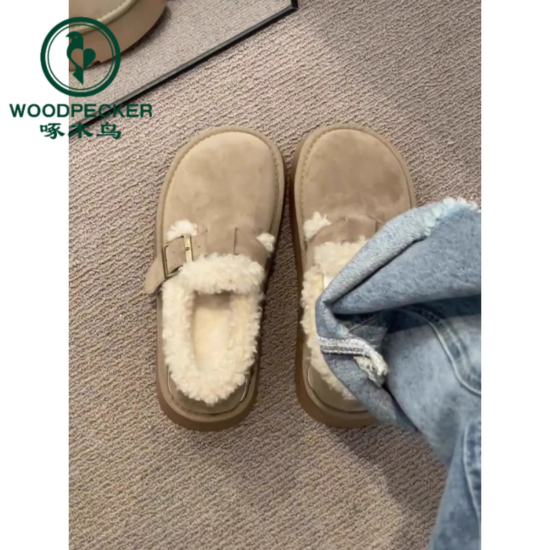 啄木鸟厚底加绒勃肯鞋女增高2025冬季新款一脚蹬毛毛鞋雪地靴棉鞋
