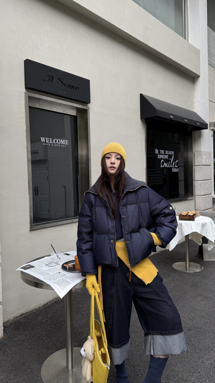 【欧洲站】2025新款时尚百搭显瘦牛仔翻领90白鸭绒羽绒服保暖外套